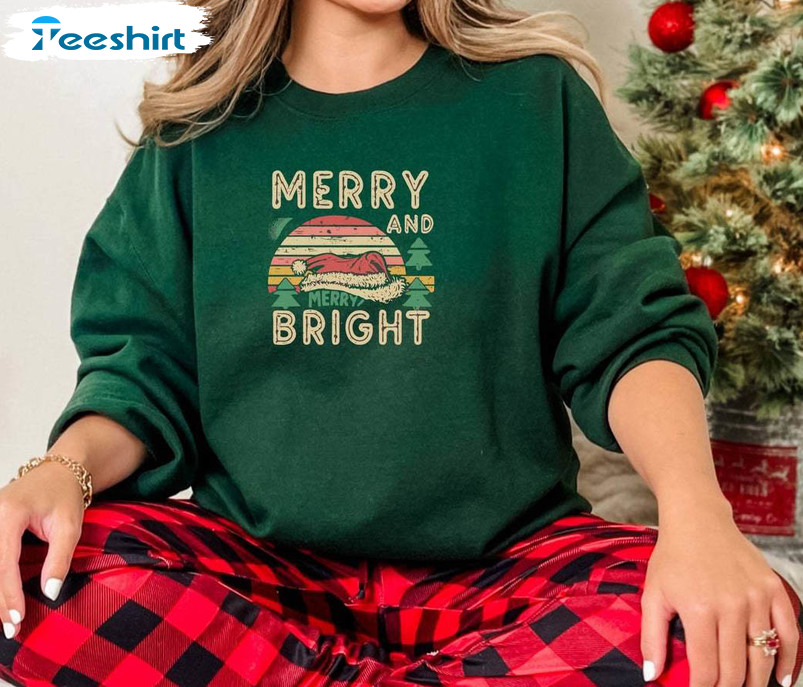 Merry And Bright Shirt, Christmas Lights Sweater Long Sleeve