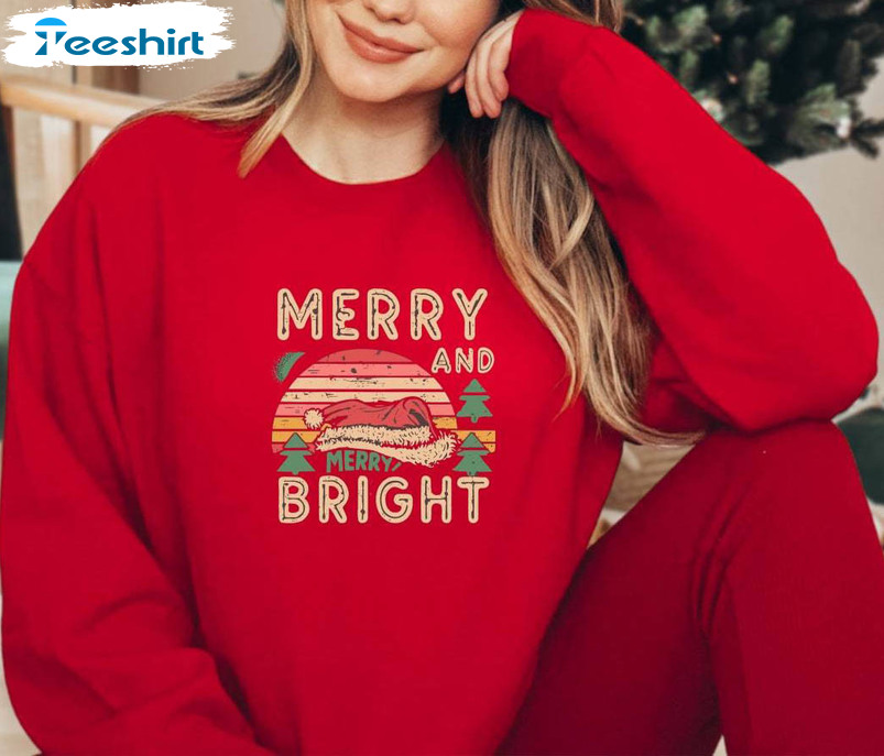 Merry And Bright Shirt, Christmas Lights Sweater Long Sleeve