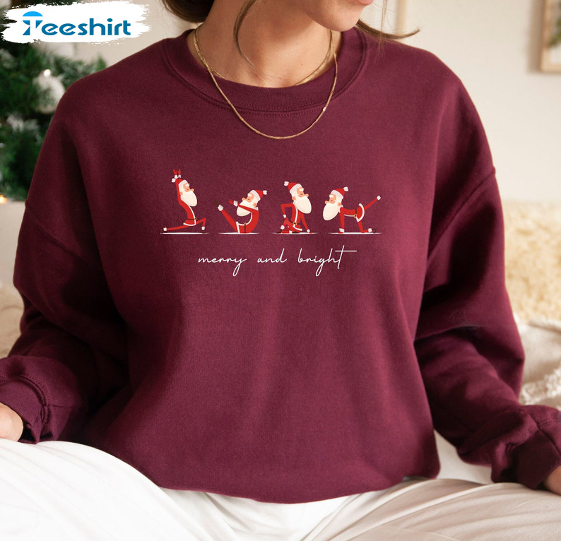 Merry And Bright Shirt, Christmas Santa Yoga Sweatshirt Short Sleeve