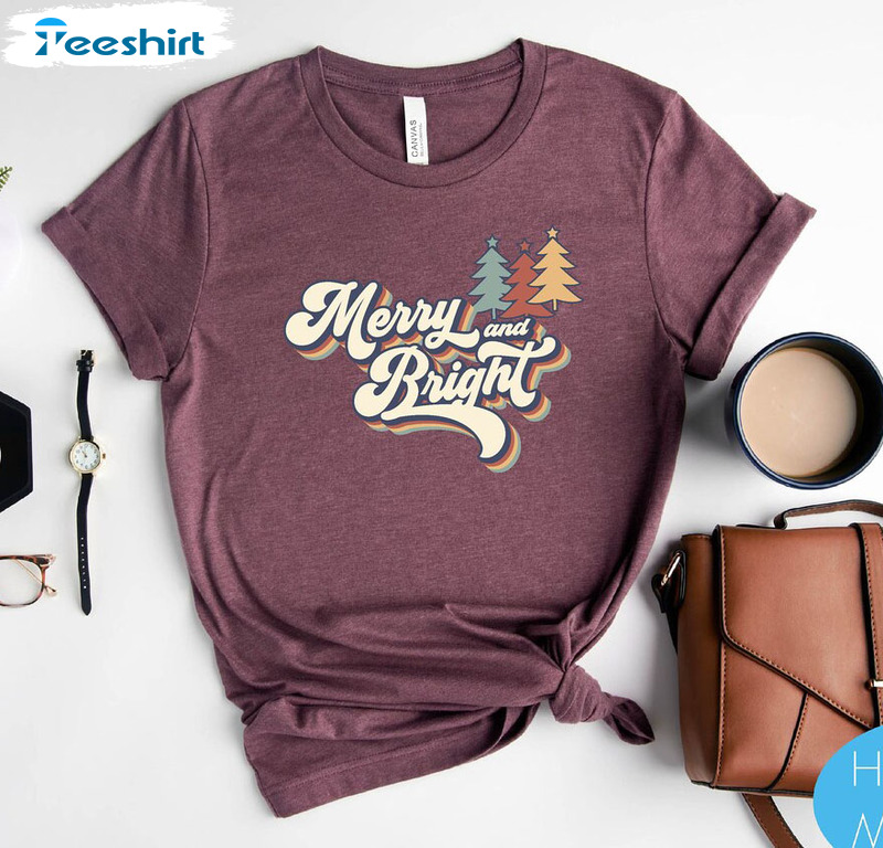 Merry And Bright Shirt, Christmas Tree Long Sleeve Sweater