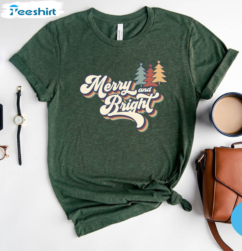 Merry And Bright Shirt, Christmas Tree Long Sleeve Sweater