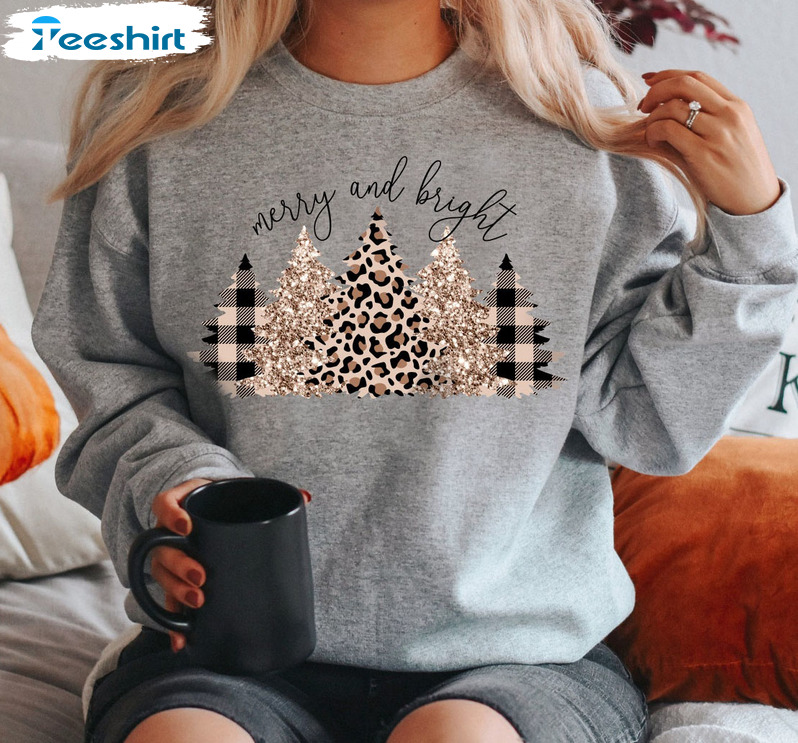 Merry And Bright Shirt, Christmas Tree Sweatshirt Long Sleeve