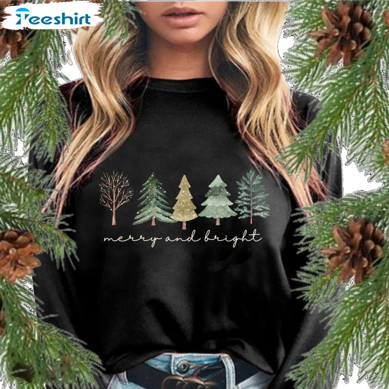 Merry And Bright Shirt, Christmas Tree Vintage Long Sleeve Short Sleeve