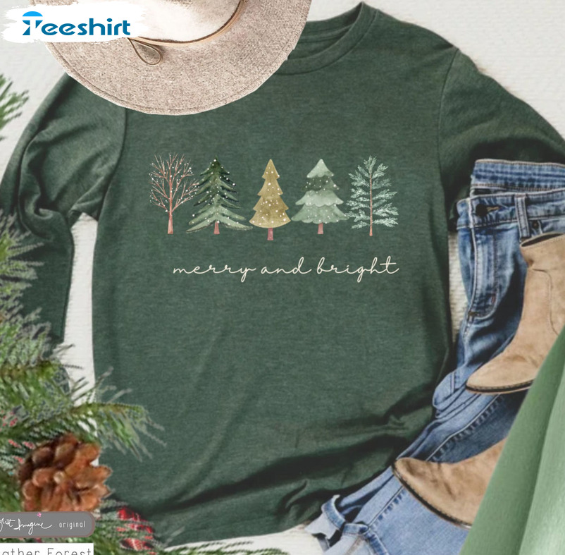 Merry And Bright Shirt, Christmas Tree Vintage Long Sleeve Short Sleeve