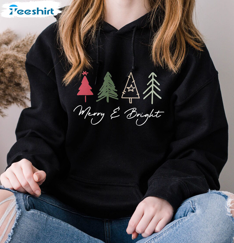 Merry And Bright Shirt, Christmas Tree Vintage Sweatshirt Short Sleeve