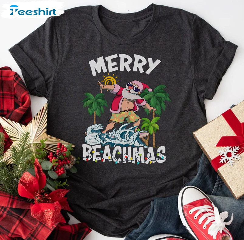 Merry Beachmas Shirt, Christmas In July Funny Santa Xmas Sweatshirt Hoodie Long Sleeve