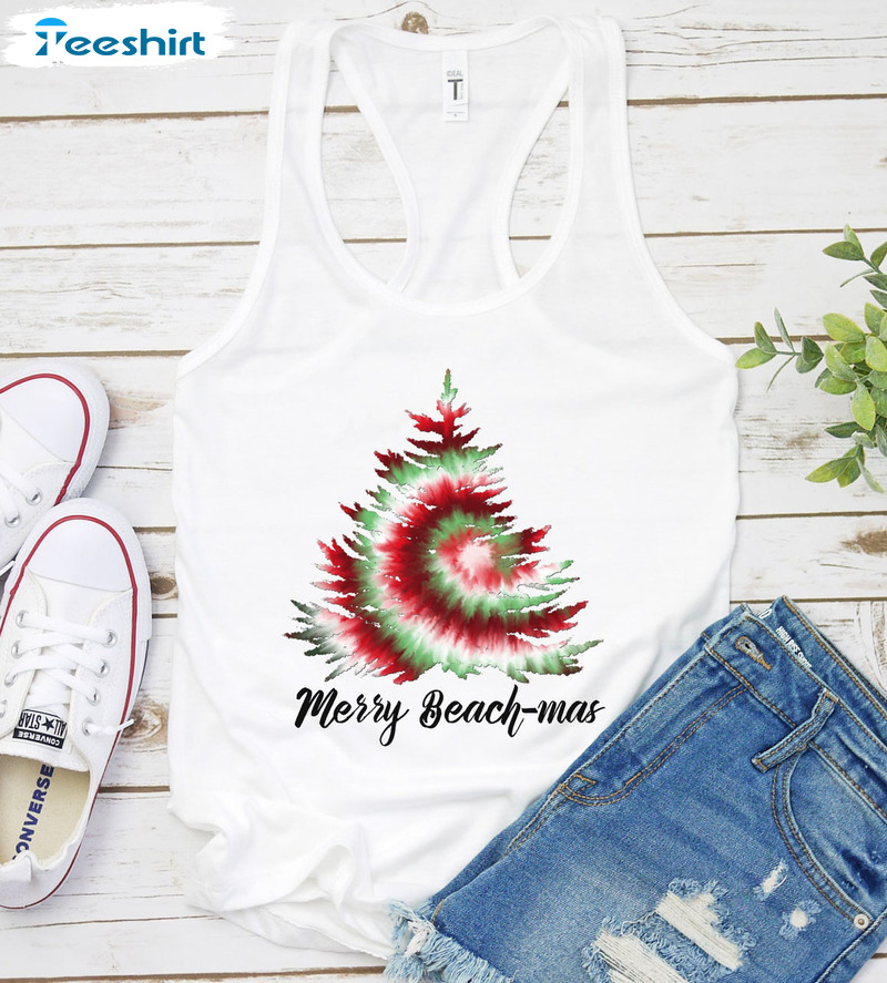 Merry Beachmas Sweatshirt, Tropical Tie Dye Christmas Tree Shirt