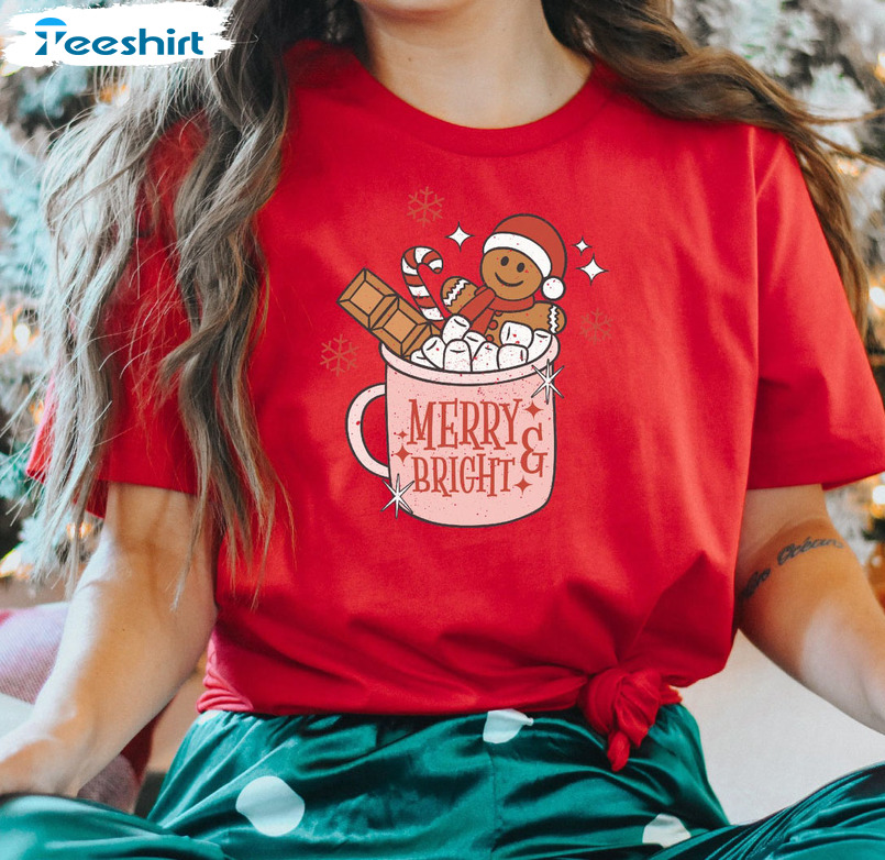 Merry Bright Gingerbread Christmas Shirt, Coffee Latte Xmas Sweater Unisex Hoodie