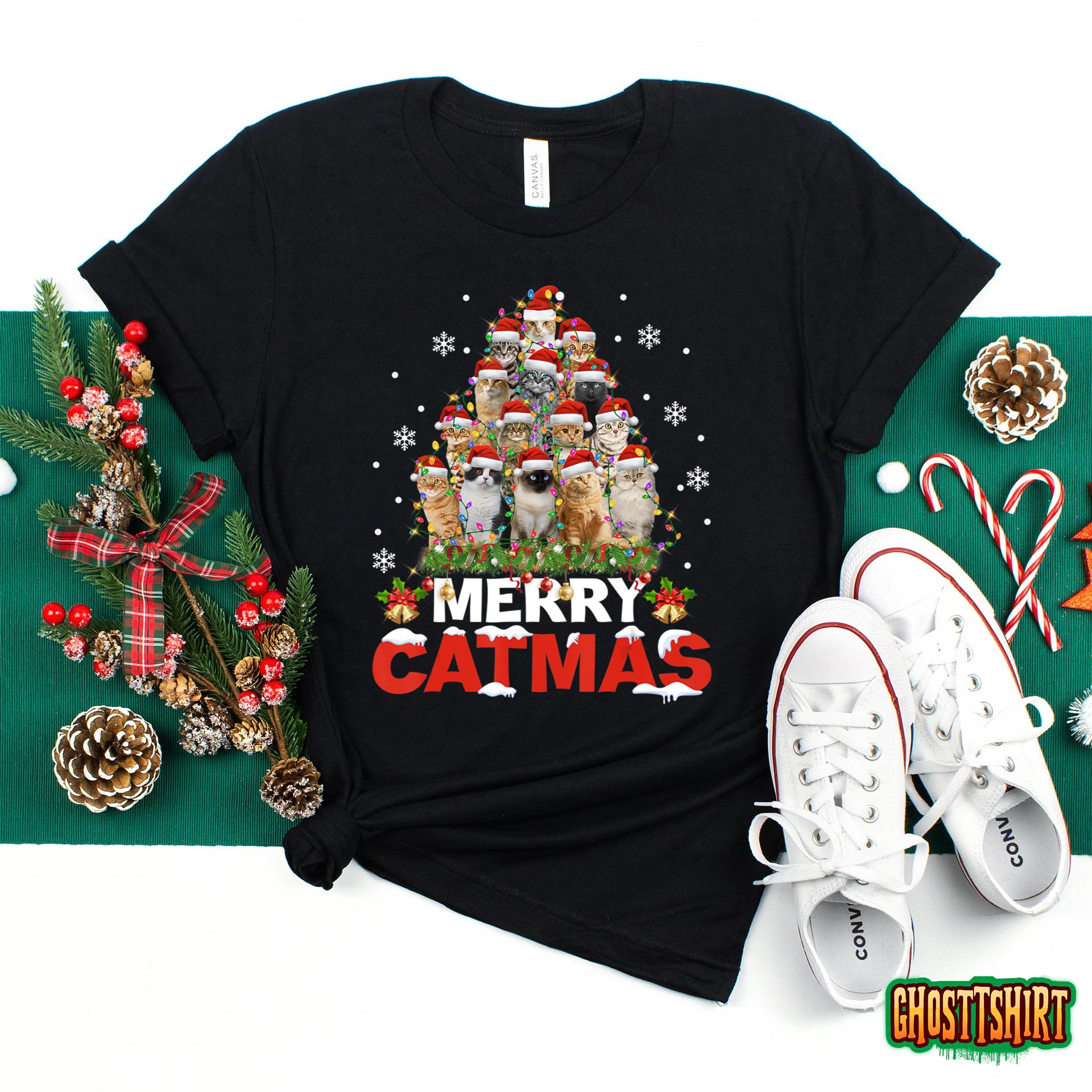 Merry Catmas Cat Christmas Pajamas X-mas Ugly Sweater Womens T-Shirt