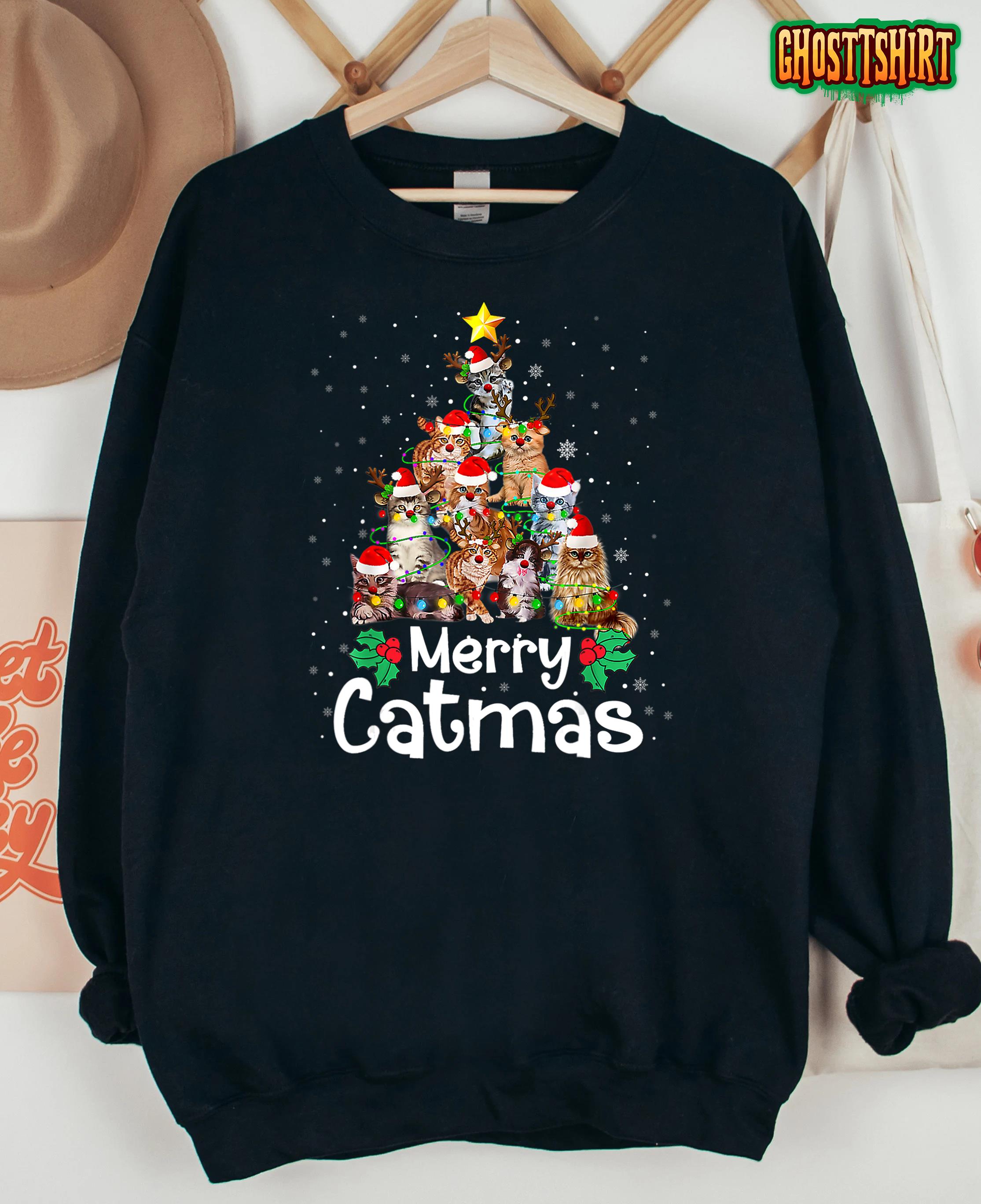 Merry Catmas Cat Xmas Tree Christmas Pajama Men Women Kids T-Shirt