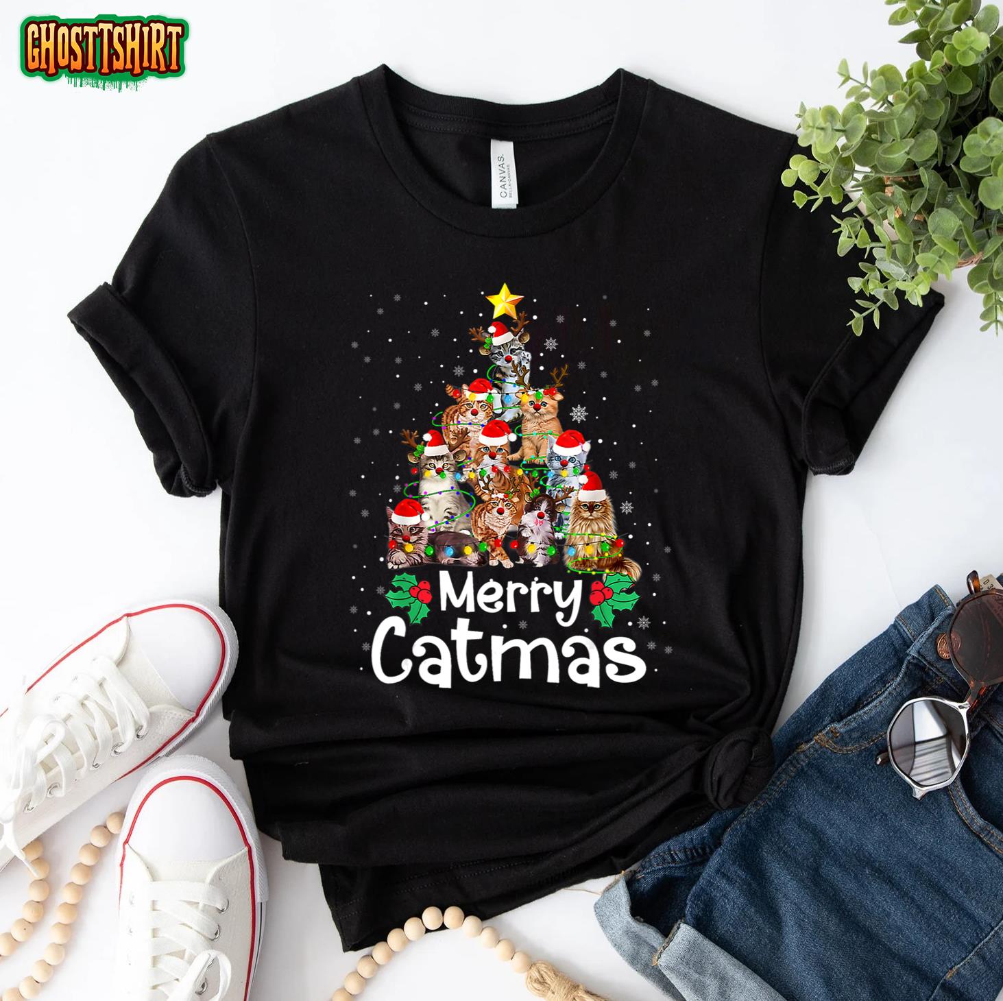 Merry Catmas Cat Xmas Tree Christmas Pajama Men Women Kids T-Shirt