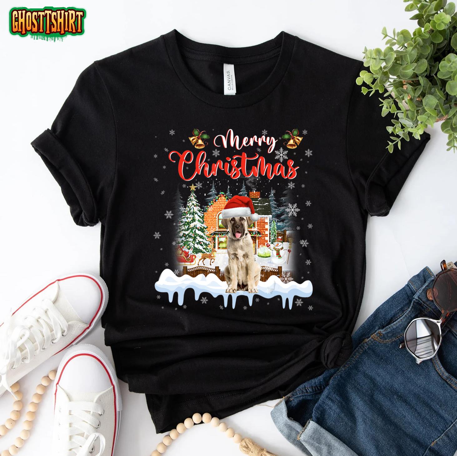 Merry Christmas Anatolian Shepherd Dog Santa Hat Lights Xmas T-Shirt