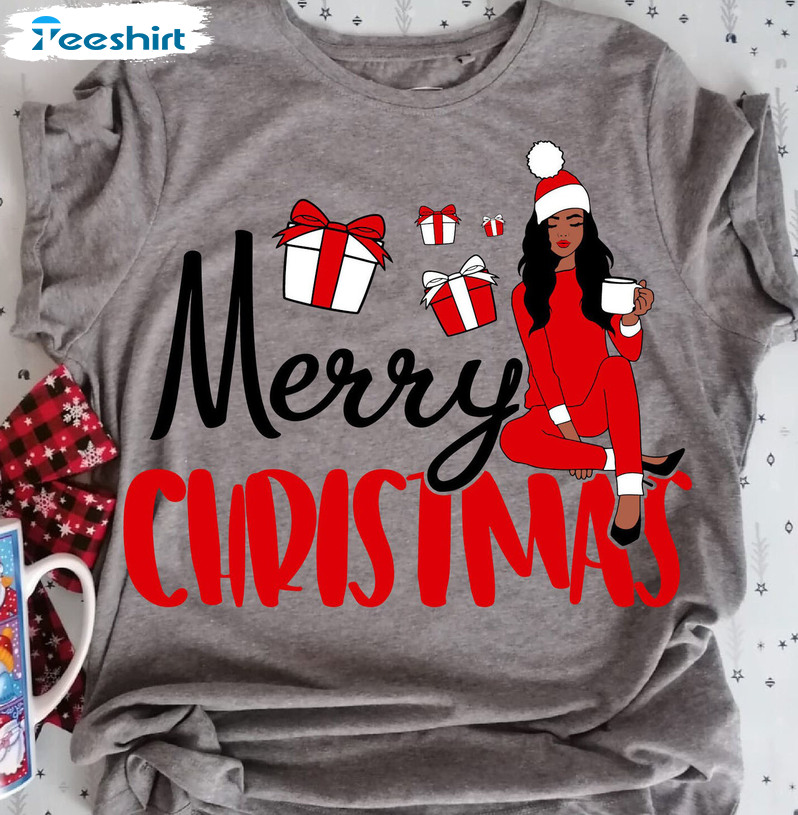 Merry Christmas Black Girl Shirt, Natural Hair Short Sleeve Crewneck