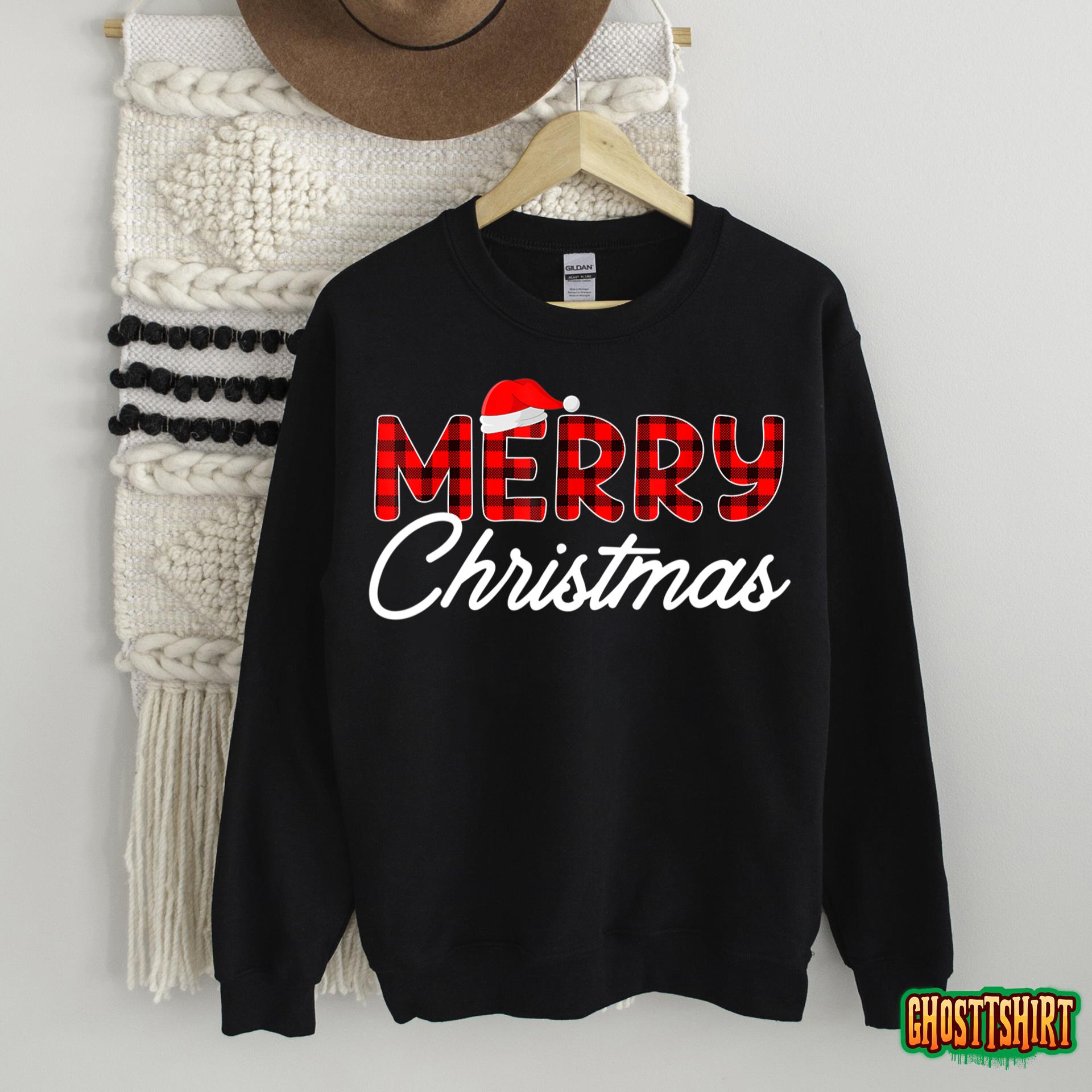 Merry Christmas Buffalo Plaid Red Santa Hat Xmas Pajamas T-Shirt