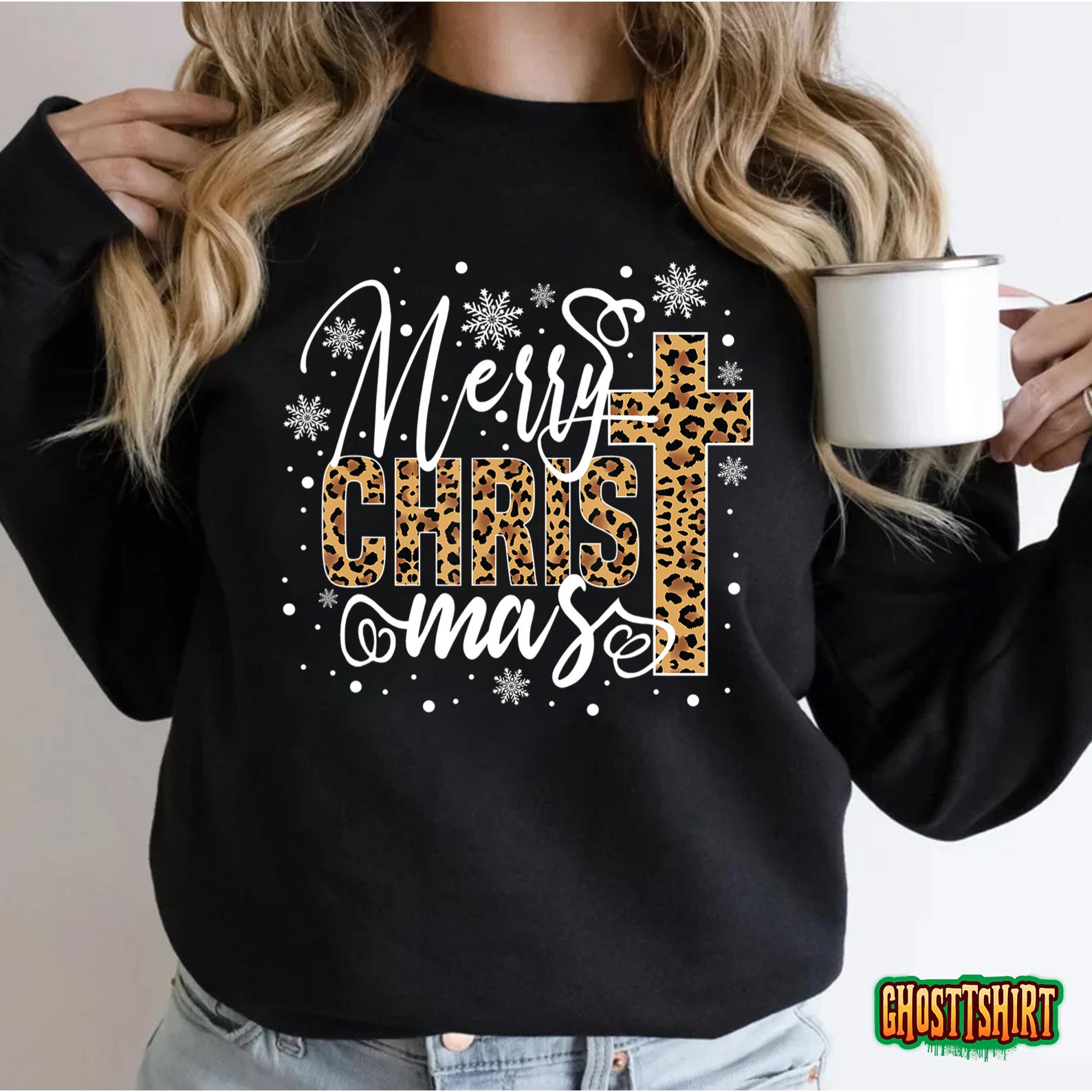 Merry Christmas Christ Cross Leopard Xmas Funny Holiday T-Shirt