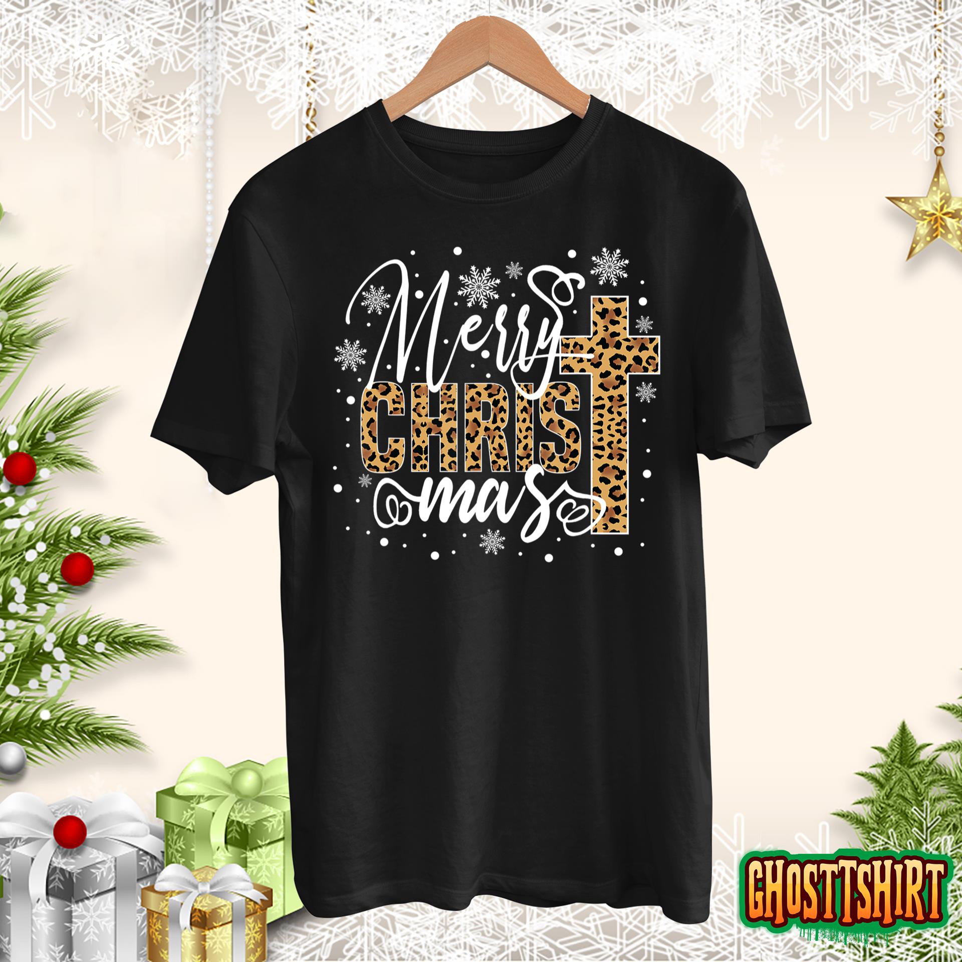 Merry Christmas Christ Cross Leopard Xmas Funny Holiday T-Shirt