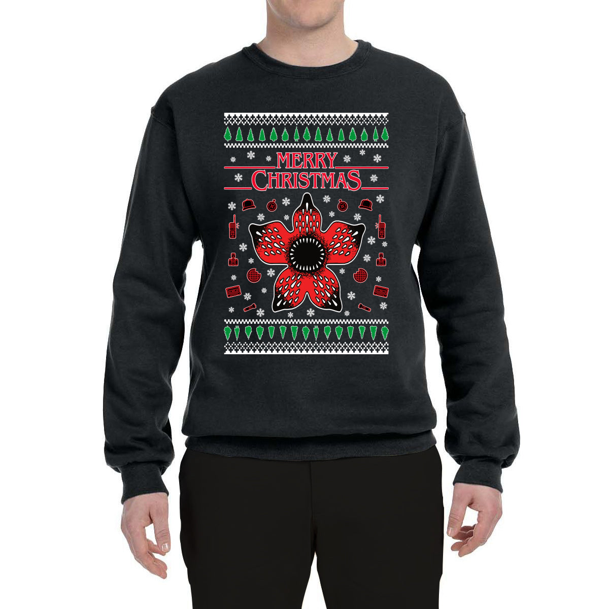 Merry Christmas Collage of Flower, Phone, Camera, and Compass Ugly Christmas Sweater Unisex Crewneck Graphic Sweatshirt- Best Christmas Gifts 2023