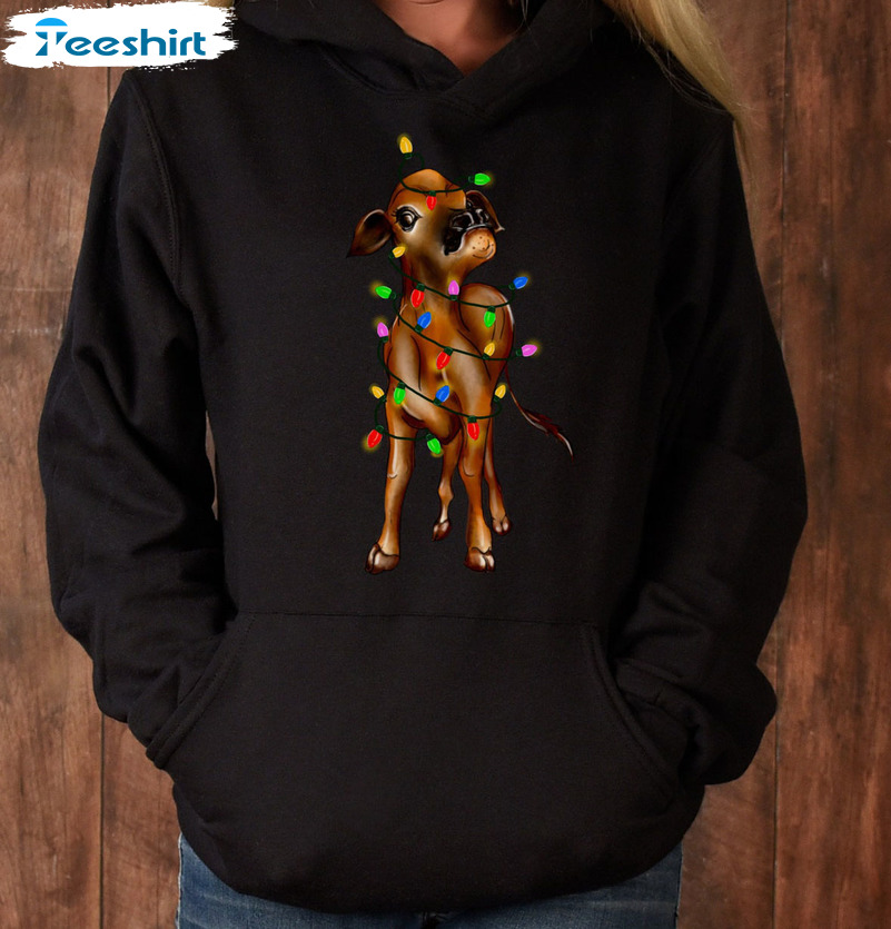 Merry Christmas Cow Shirt, Christmas Lights Farm Tee Tops Unisex Hoodie