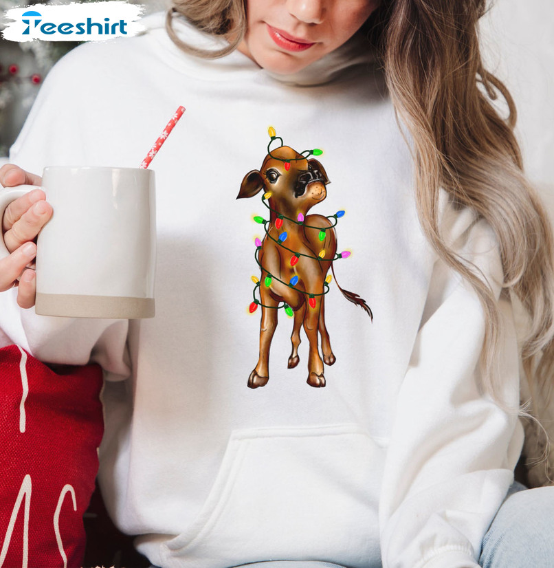 Merry Christmas Cow Shirt, Christmas Lights Farm Tee Tops Unisex Hoodie