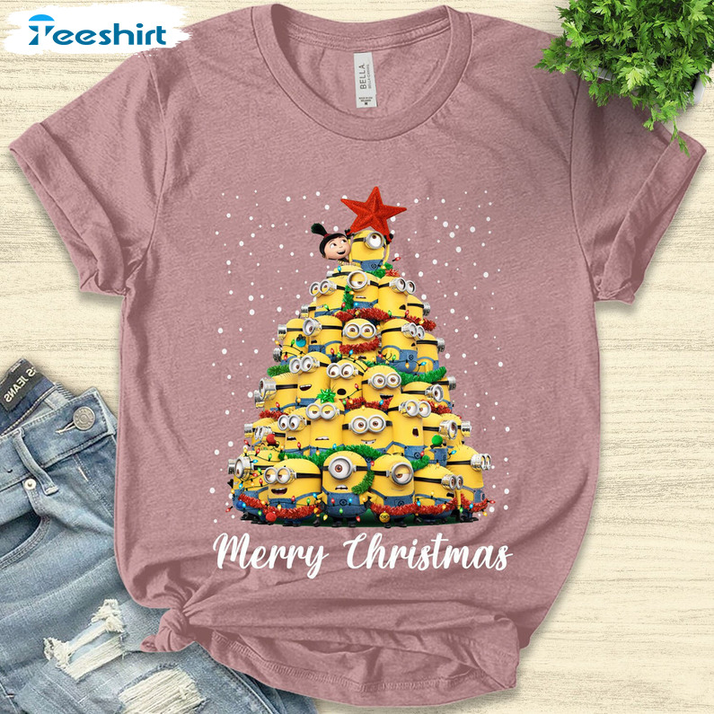 Merry Christmas Minions Tree Shirt, Minions Santa Long Sleeve Crewneck