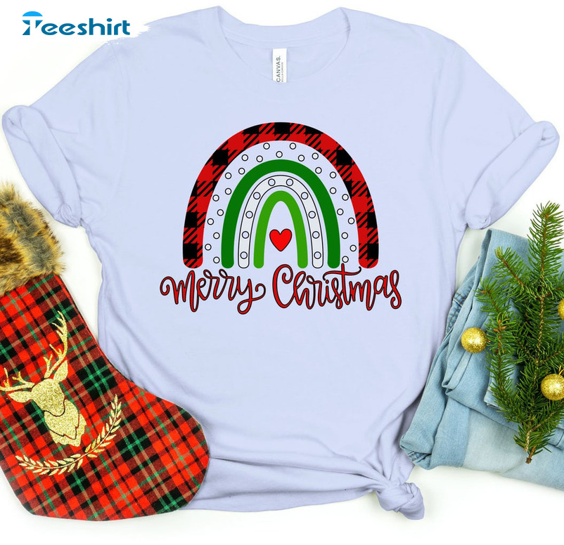 Merry Christmas Rainbow Shirt, Buffalo Plaid Short Sleeve Unisex T-shirt