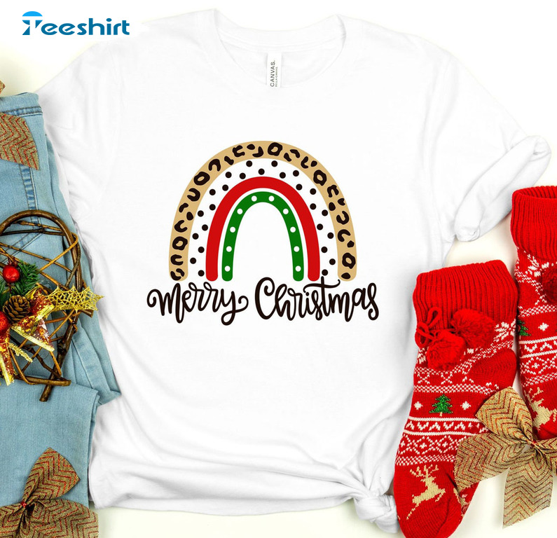 Merry Christmas Rainbow Shirt, Leopard Christmas Unisex Hoodie Short Sleeve