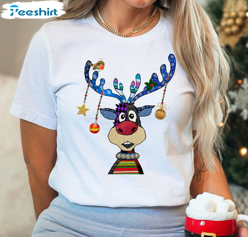 Merry Christmas Reindeer Shirt, Reindeer Lights Short Sleeve Crewneck