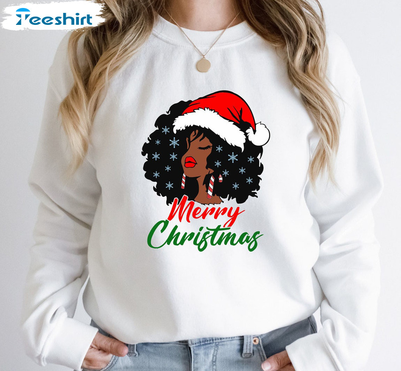 Merry Christmas Santa Black Girl Shirt, Melanin Christmas Unisex T-shirt Crewneck