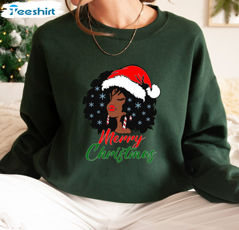 Merry Christmas Santa Black Girl Shirt, Melanin Christmas Unisex T-shirt Crewneck