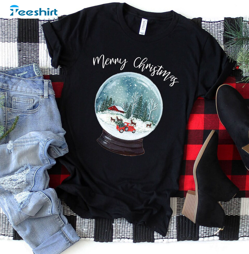 Merry Christmas Snow Globe Shirt, Christmas Vintage Unisex Hoodie Short Sleeve