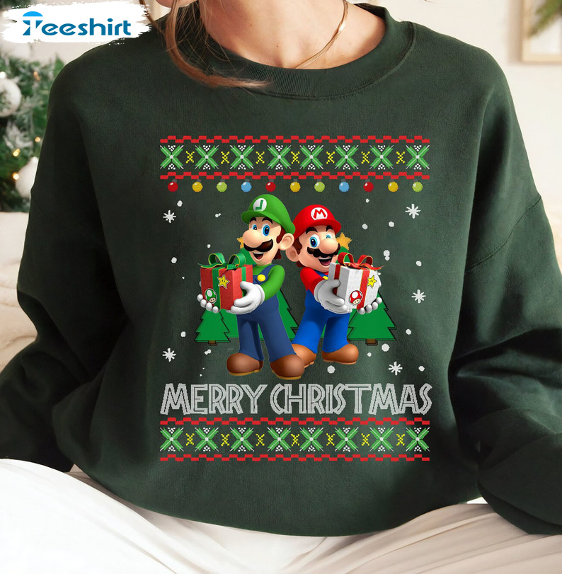 Merry Christmas Super Mario Shirt, Mario And Luigi Christmas Unisex Hoodie Short Sleeve