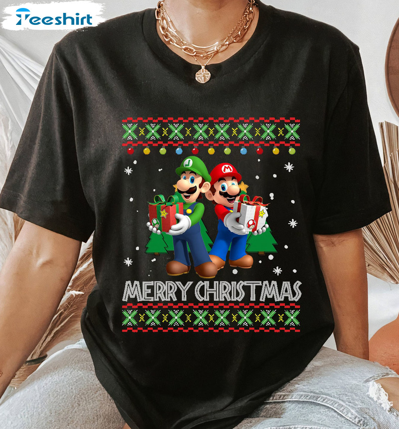 Merry Christmas Super Mario Shirt, Mario And Luigi Christmas Unisex Hoodie Short Sleeve