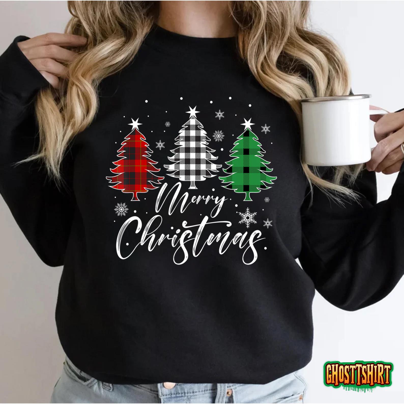 Merry Christmas Tree Buffalo Plaid Red White Green Light Top Sweatshirt