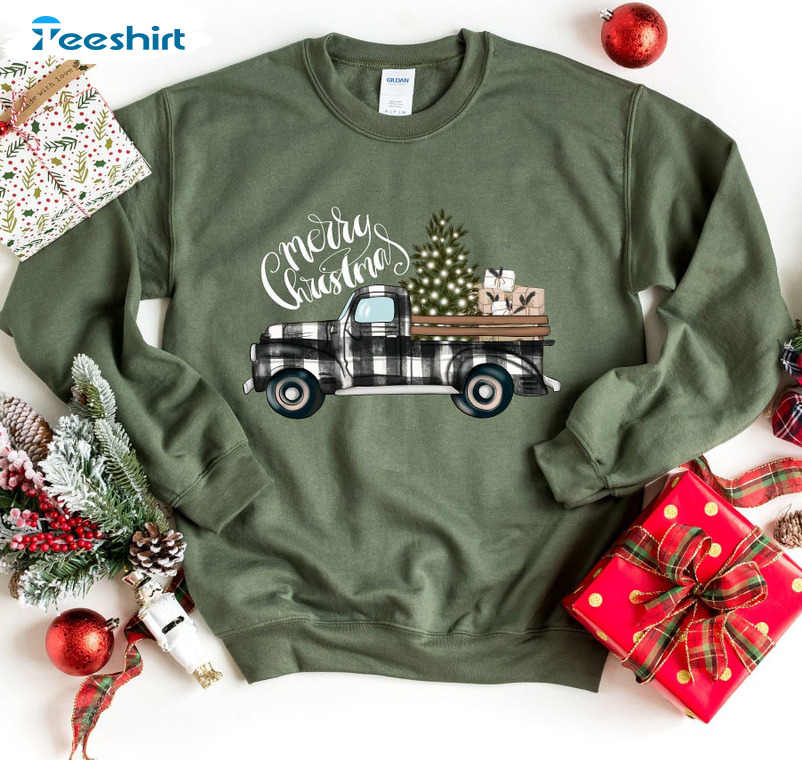 Merry Christmas Truck Shirt – Plaid Truck Crewneck Sweatshirt