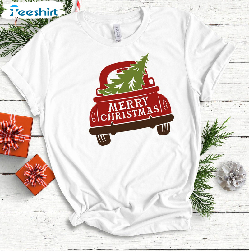 Merry Christmas Truck Shirt – Red Truck Unisex T-shirt Long Sleeve