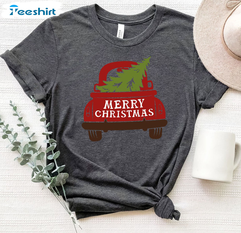 Merry Christmas Truck Shirt – Red Truck Unisex T-shirt Long Sleeve