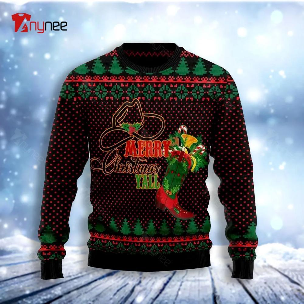 Merry Christmas Yall Cowboy Boot Ugly Christmas Sweater- Best Christmas Gifts 2023