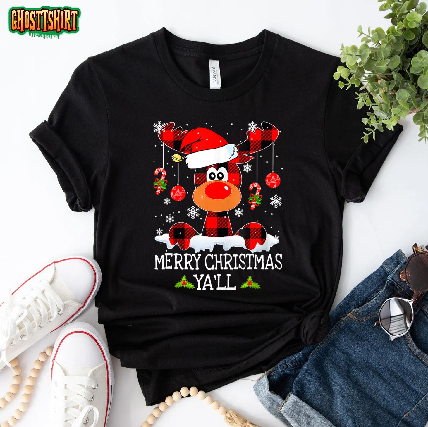 Merry Christmas Ya’ll Reindeer Santa Hat Buffalo Red Plaid T-Shirt