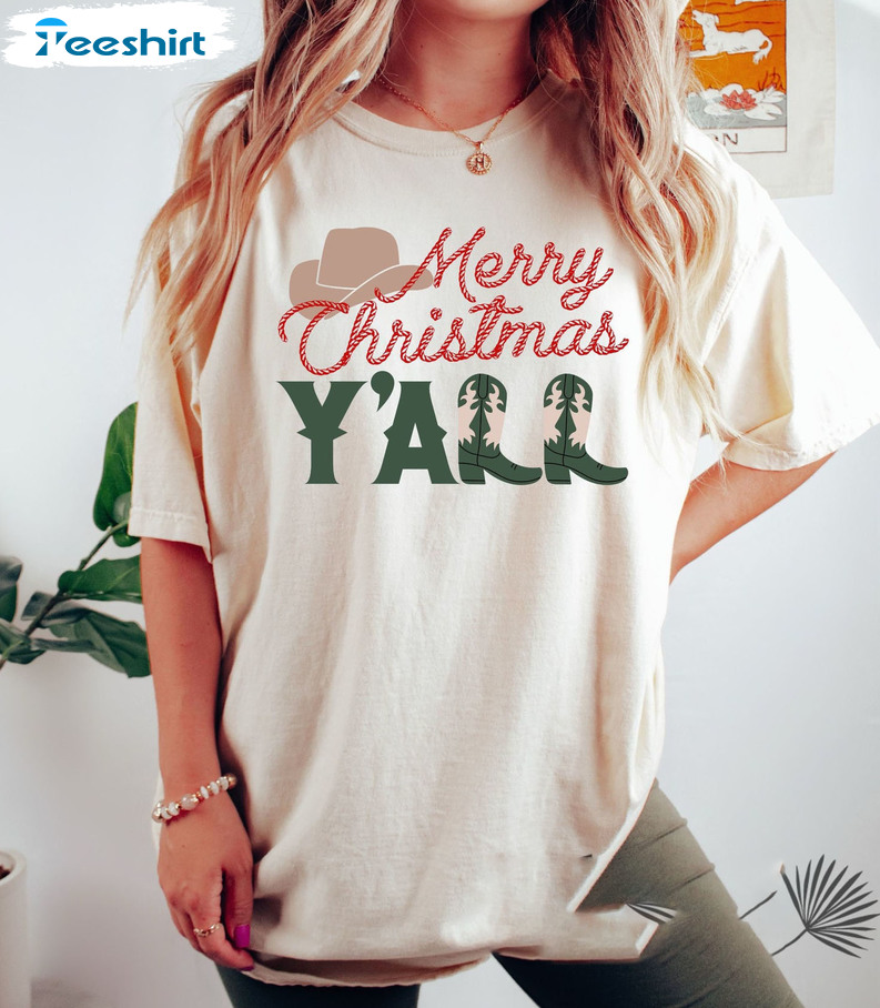 Merry Christmas Y’all Shirt, Trendy Christmas Cow Girls Unisex Hoodie Short Sleeve