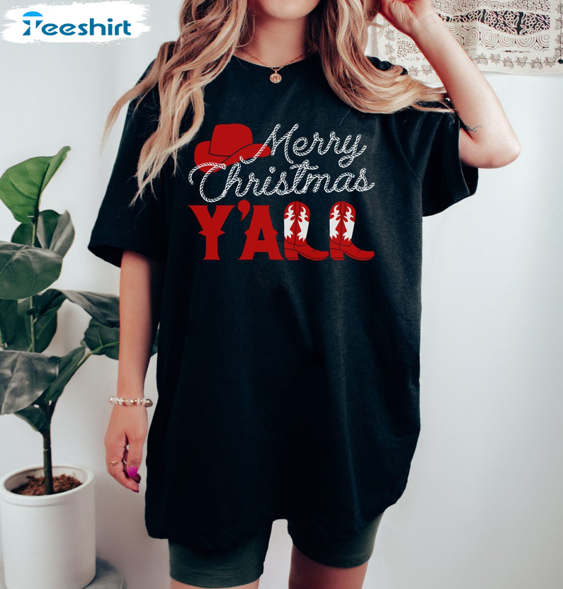 Merry Christmas Y’all Shirt, Trendy Christmas Cow Girls Unisex Hoodie Short Sleeve