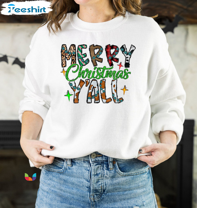 Merry Christmas Y’all Shirt, Western Cowboy Christmas Sweatshirt Unisex Hoodie