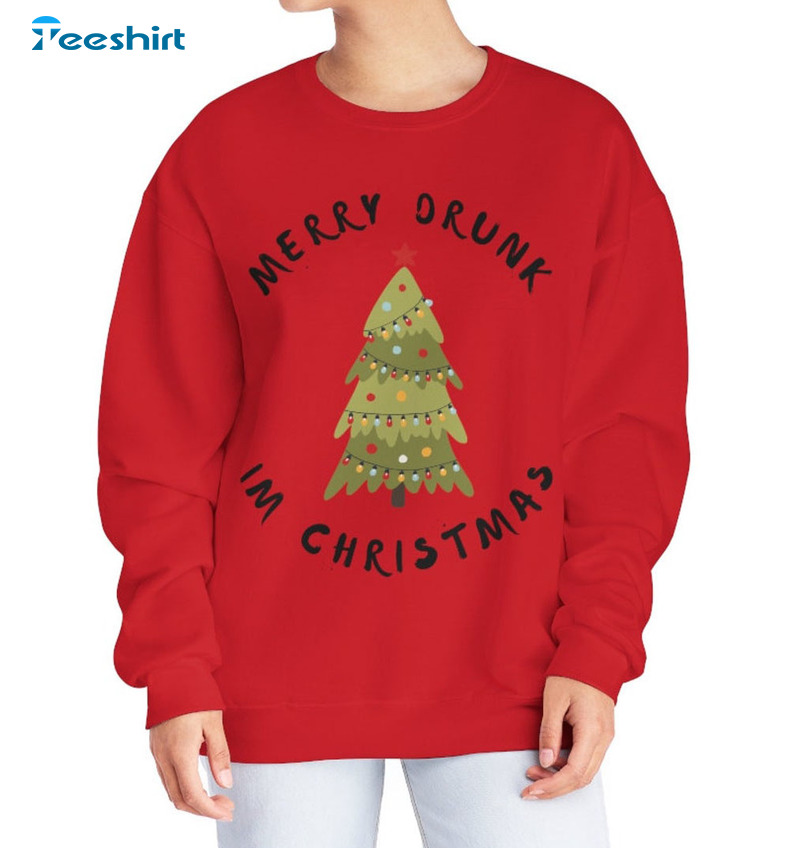 Merry Drunk I’m Christmas Shirt – Christmas Tree Crewneck Unisex Hoodie