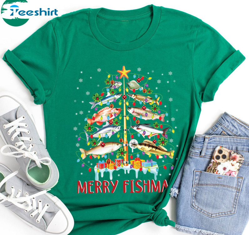 Merry Fishmas Sweatshirt, Funny Christmas Short Sleeve Crewneck