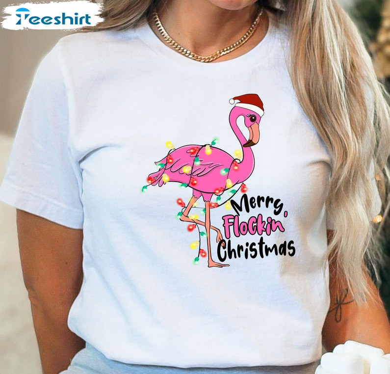 Merry Flockin Christmas Shirt, Christmas Flamingo Tee Tops Long Sleeve