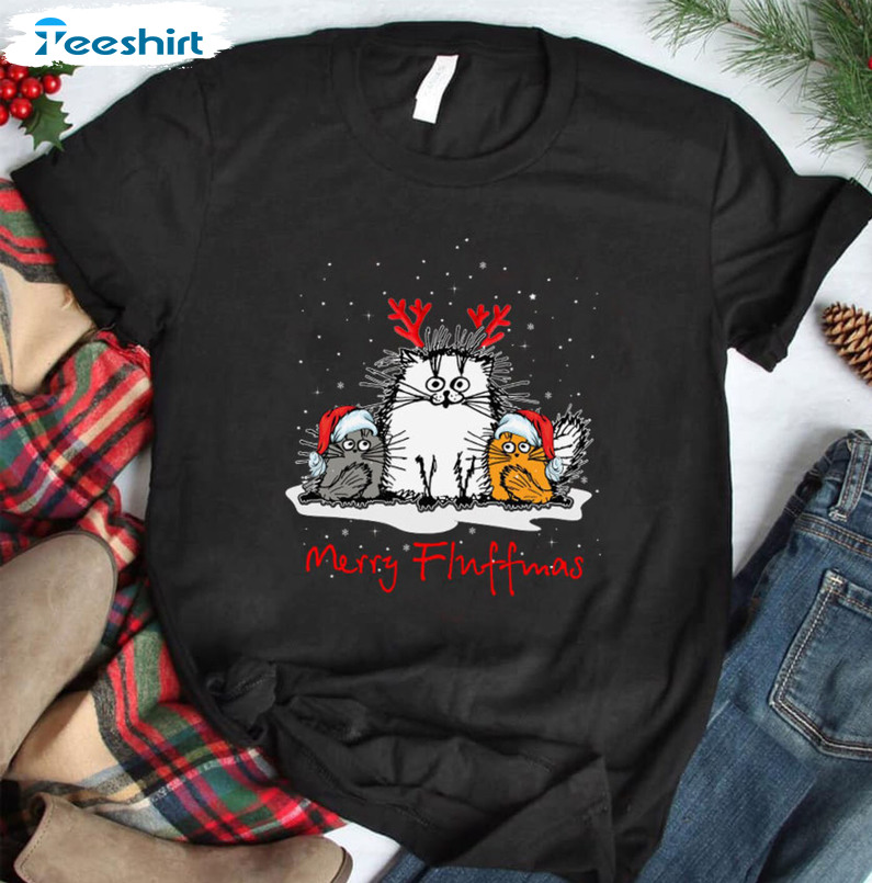 Merry Fluffmas Vintage Shirt, Cute Christmas Cat Crewneck Short Sleeve