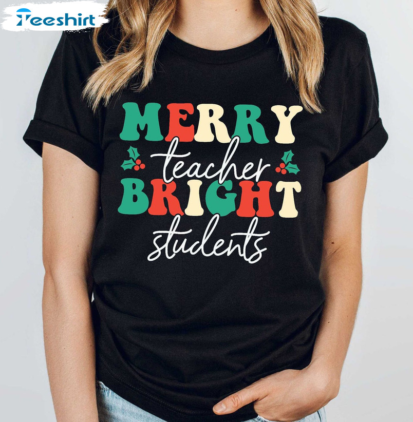 Merry Teacher Bright Student Shirt – Teacher School Christmas Tee Tops Short Sleeve