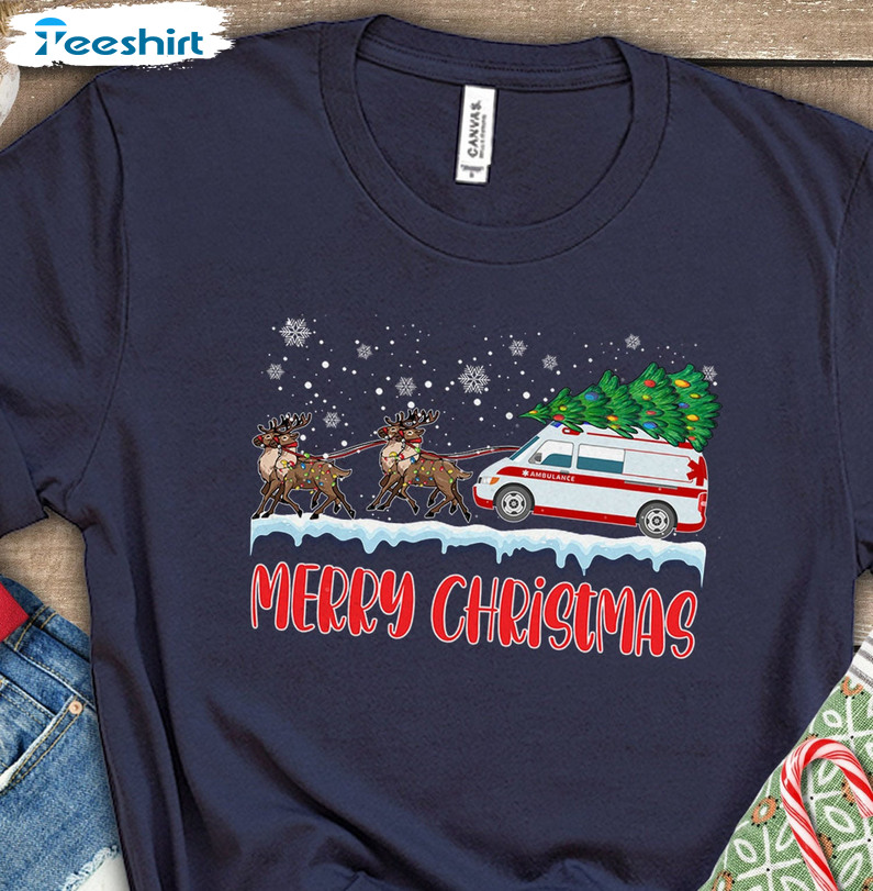 Merrym Christmas Reindeer Sleigh Ambulance Shirt, Paramedic Christmas Tee Tops Short Sleeve