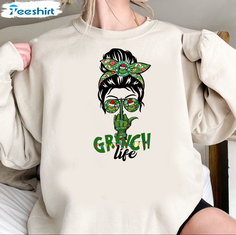 Messy Bun Grinch Life Finger Sweatshirt, Christmas Unisex T-shirt Short Sleeve