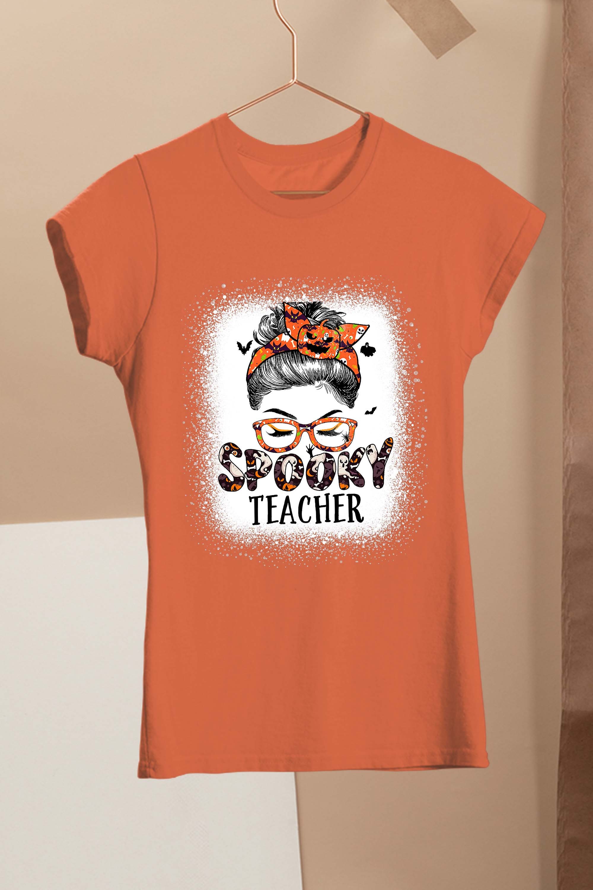 Messy Bun Spooky Teacher Bleached Halloween Pumpkin T-Shirt