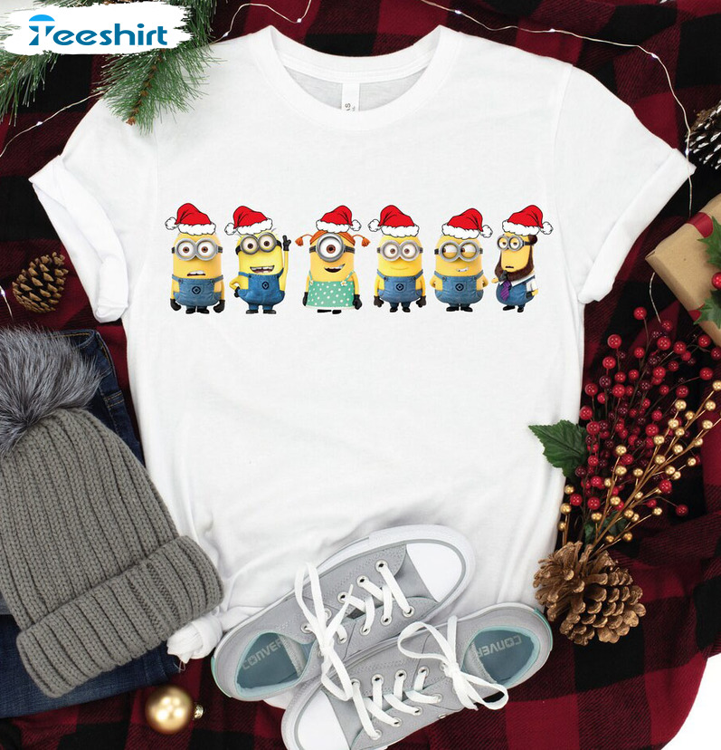 Minions Christmas Shirt, Minions Santa Hat Family Sweatshirt Long Sleeve